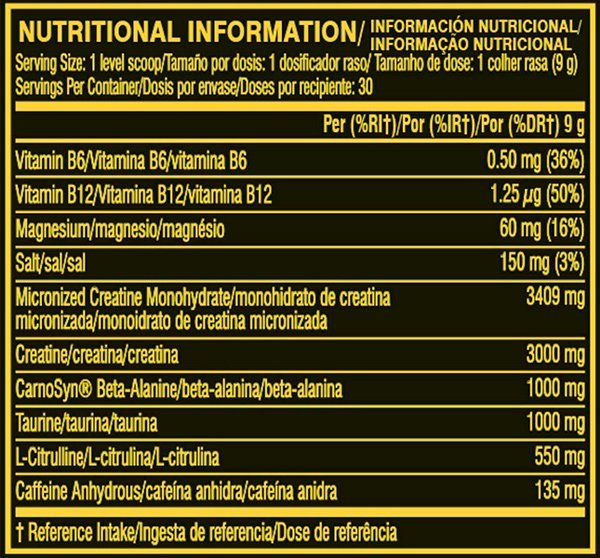 Tabla Nutricional de C4 Sport de la marca Cellucor