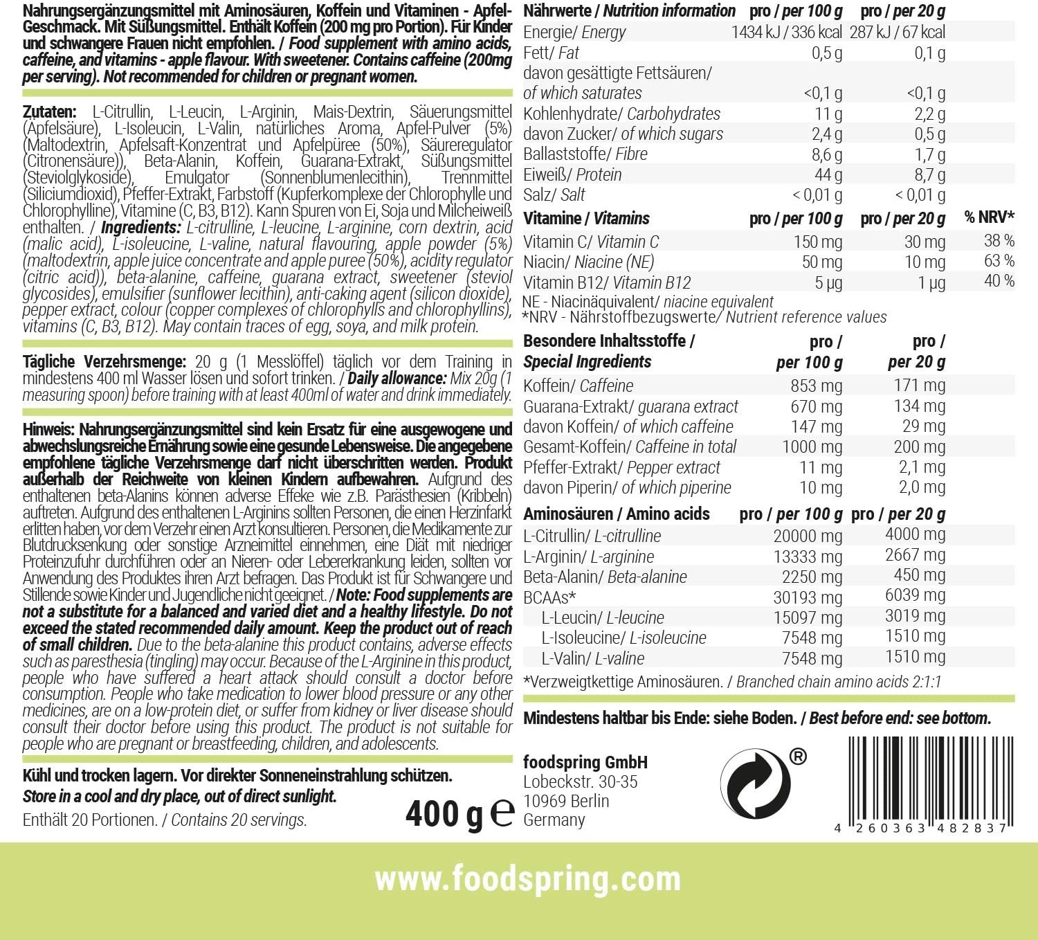 Tabla Nutricional de Energy Aminos de la marca foodspring