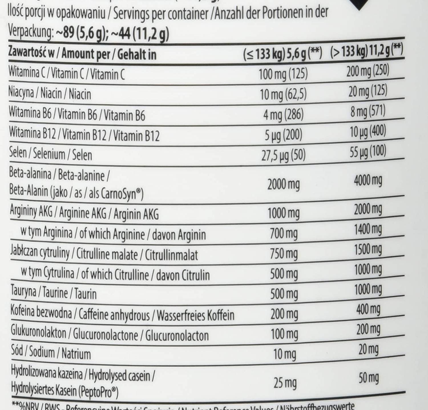 Tabla Nutricional de Napalm PreContest de la marca FA Xtreme