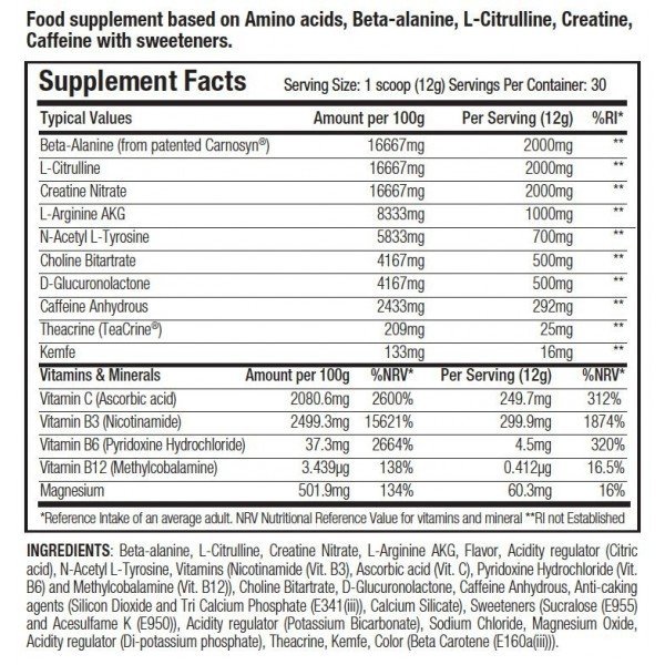 Tabla Nutricional de G2T Go2Train XT de la marca Starlabs Nutrition