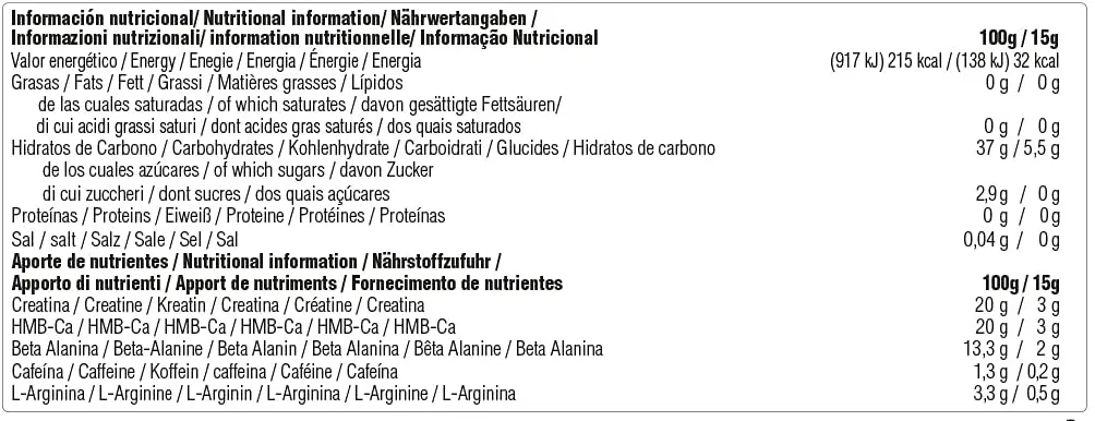 Tabla Nutricional de Pre Workout de la marca 226ERS