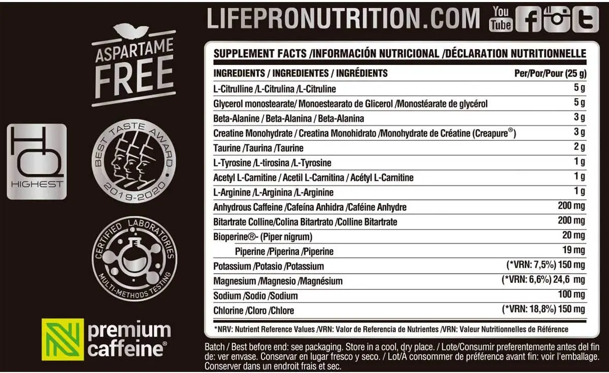Tabla Nutricional de Elektro de la marca Life Pro