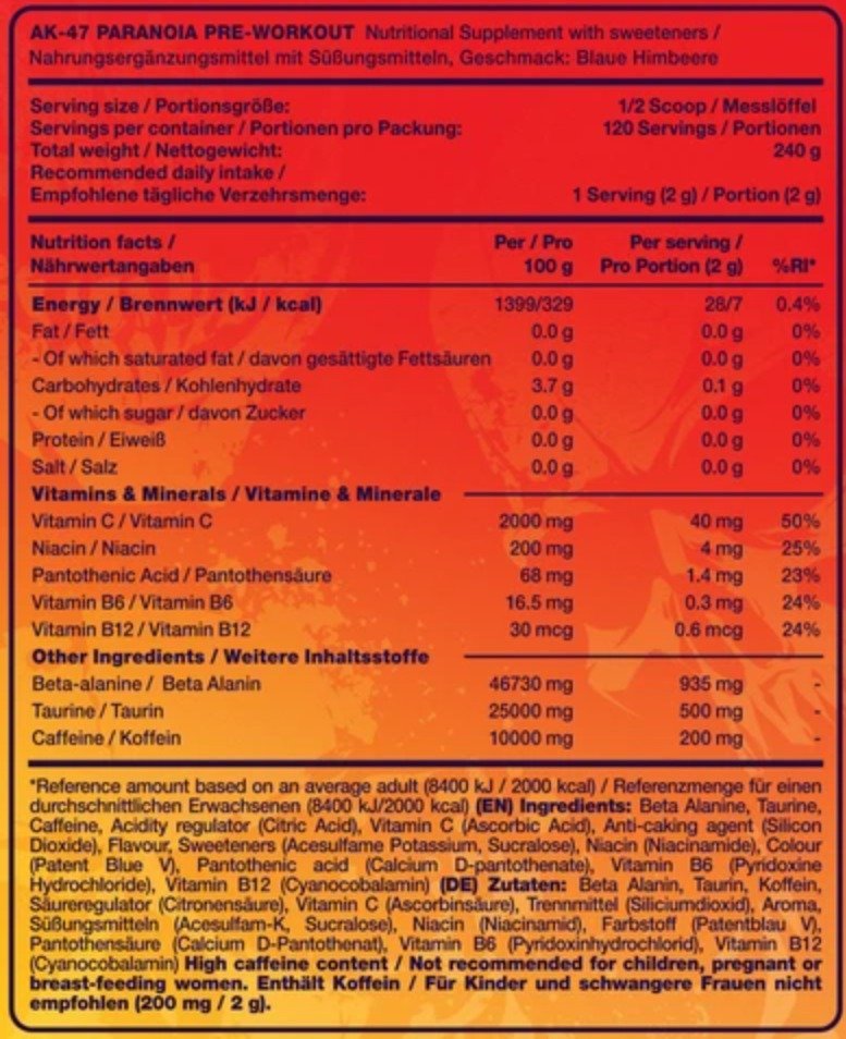 Tabla Nutricional de Paranoia de la marca Ak-47 Labs