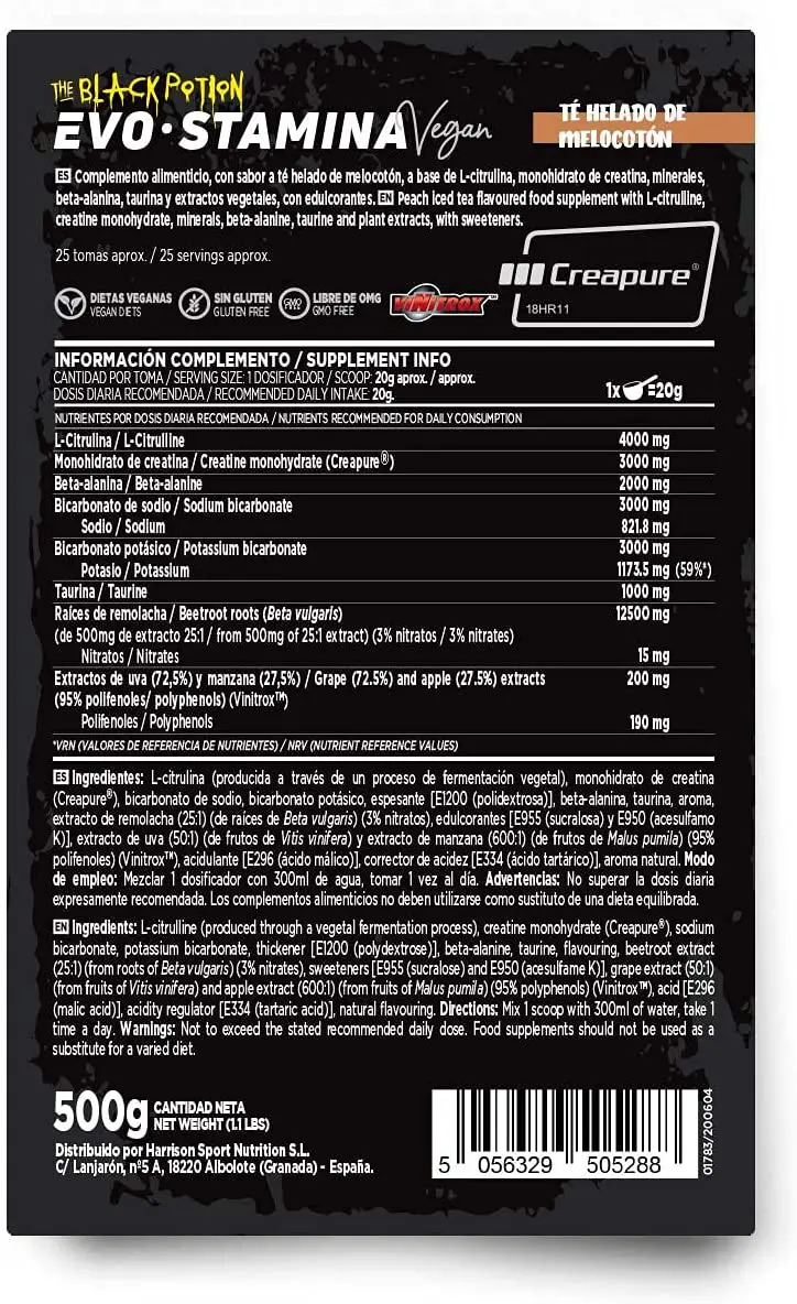 Tabla Nutricional de Evostamina de la marca HSN