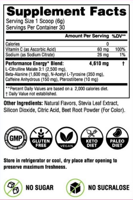 Tabla Nutricional de Performance Energy de la marca Honey Badger