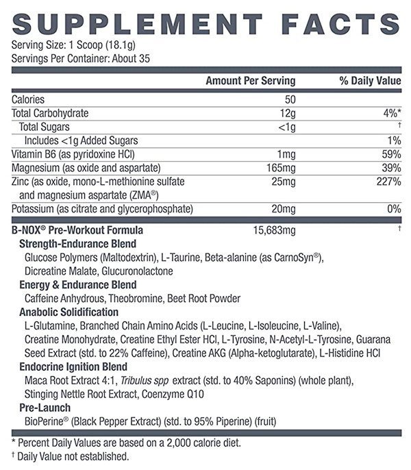 Tabla Nutricional de B-NOX Androrush de la marca Betancourt Nutrition