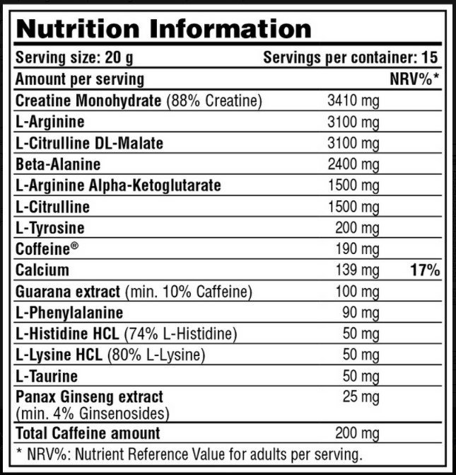 Tabla Nutricional de Dr. N.O de la marca Galvanize Nutrition