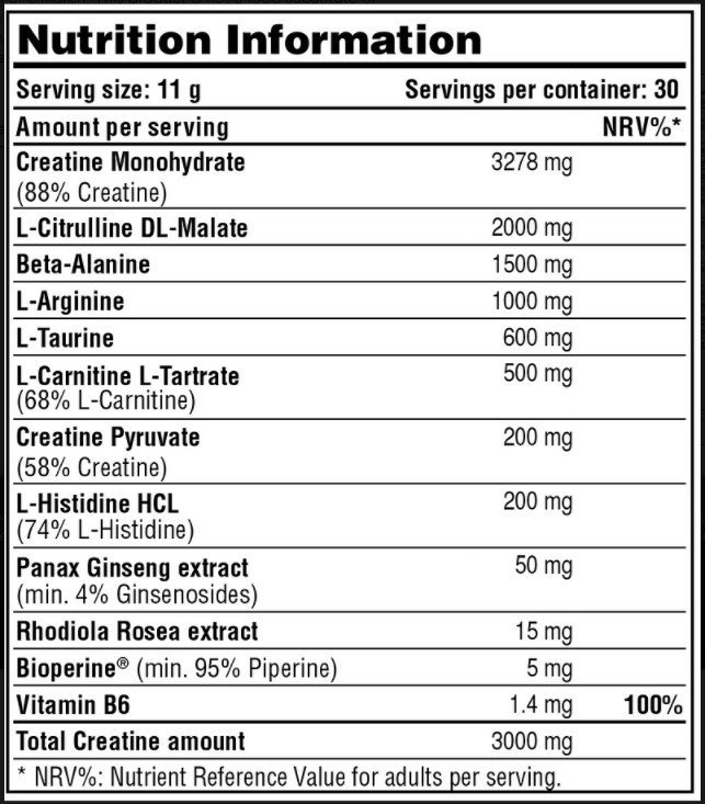 Tabla Nutricional de Fury Pump de la marca Galvanize Nutrition