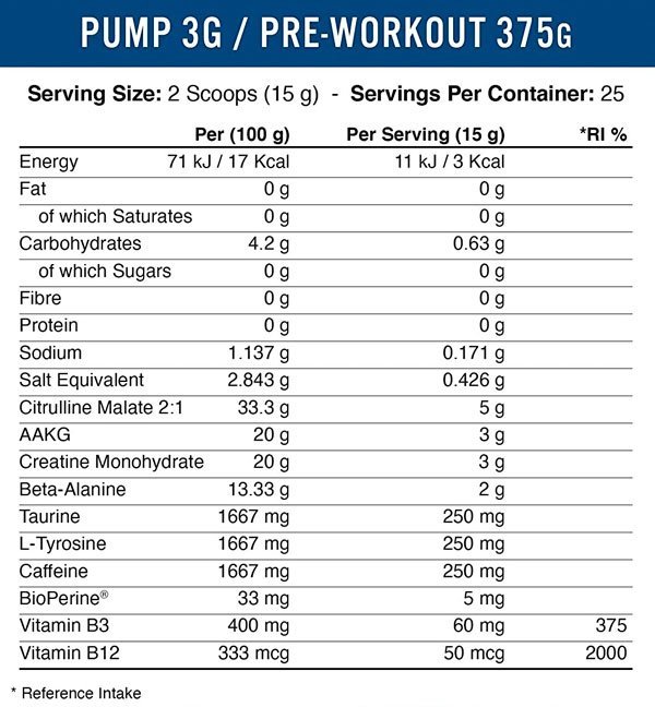 Tabla Nutricional de Pump 3G de la marca Applied Nutrition