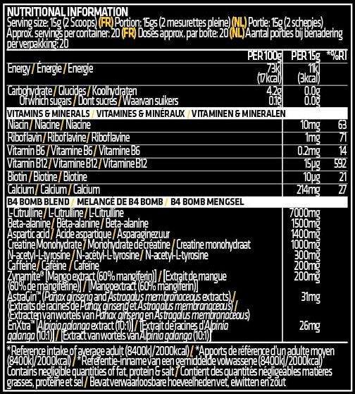 Tabla Nutricional de B4 Bomb de la marca USN