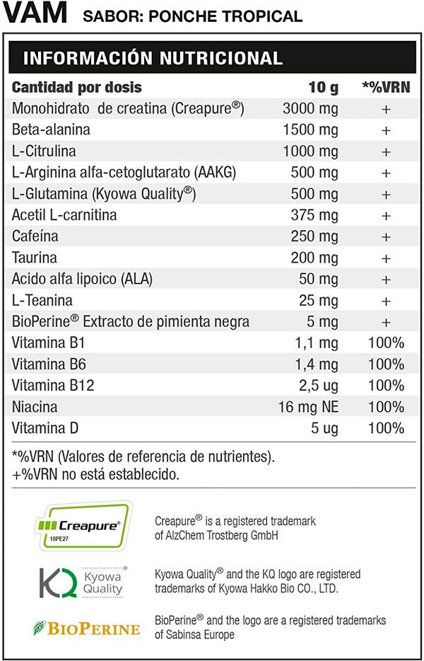Tabla Nutricional de VAM™ de la marca HERO TECH NUTRITION