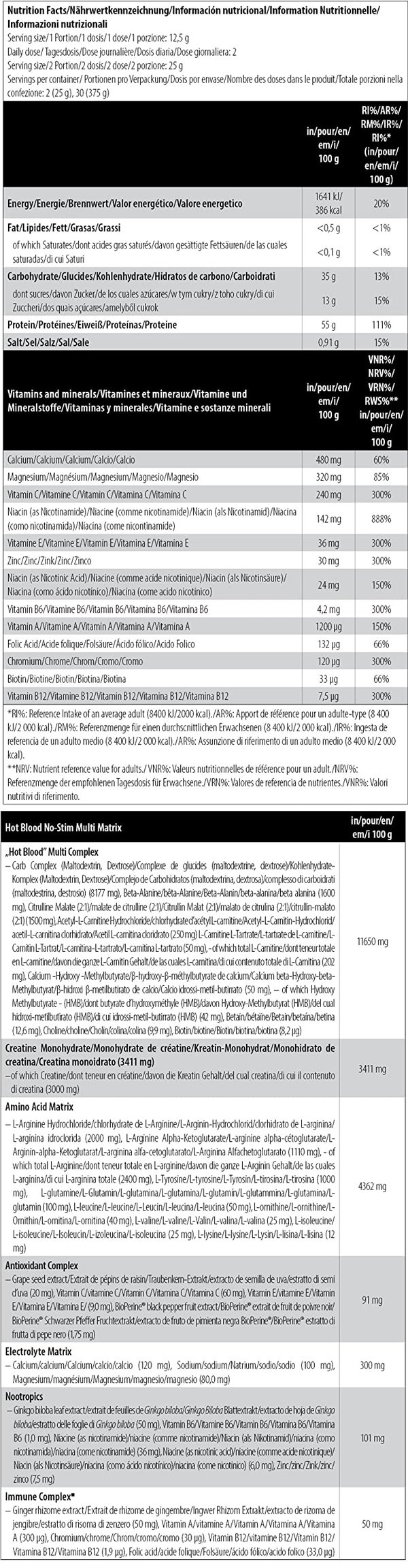 Tabla Nutricional de Hot Blood No-Stim de la marca Scitec Nutrition