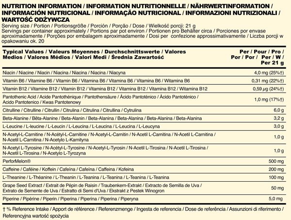 Tabla Nutricional de Pre-Workout Advanced de la marca Optimum Nutrition