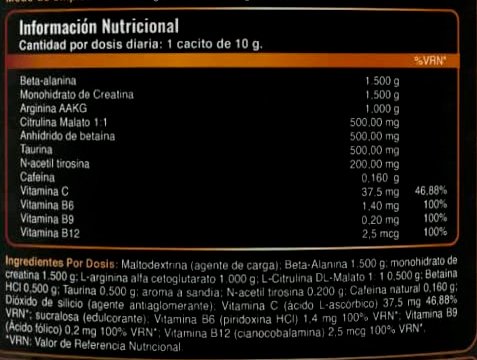 Tabla Nutricional de Power Pre-Workout de la marca Feragui Pharma