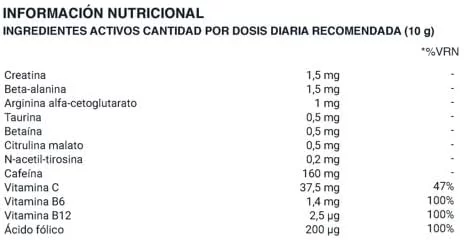 Tabla Nutricional de Pre-entreno de la marca AuraFit