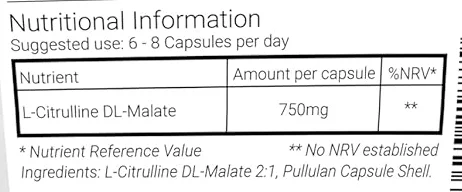 Tabla Nutricional de Citrulline Malate 2:1 de la marca Nutrics®