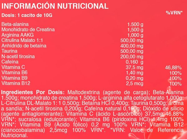 Tabla Nutricional de Pre-Workout de la marca ARANES