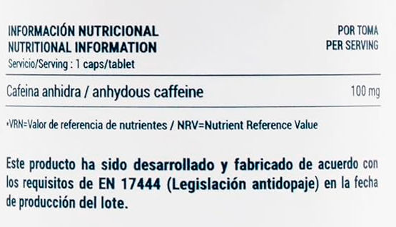 Tabla Nutricional de Caffeine de la marca Fortia